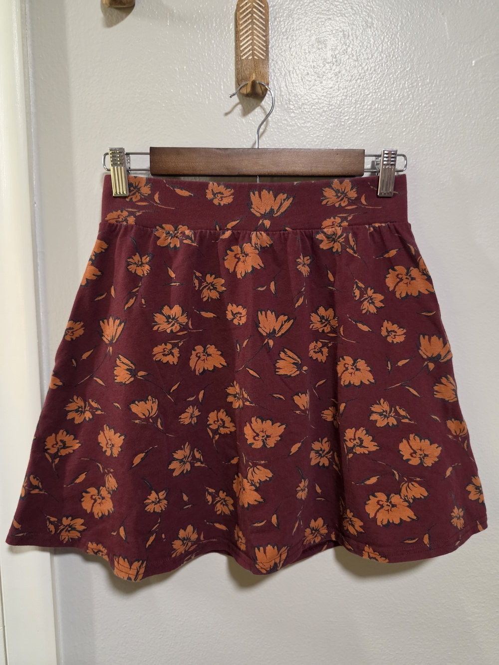 Pact Organic Cotton Burgundy Floral Pocket Skater Skirt Small